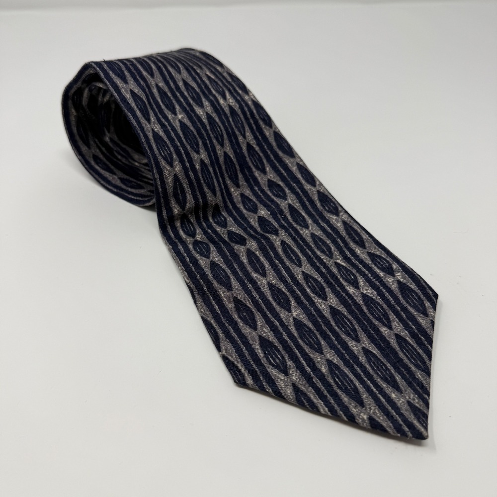 Evan Picone Mens Silk Tie Navy Blue Silver Geometric Woven Made in USA Wide 4"
